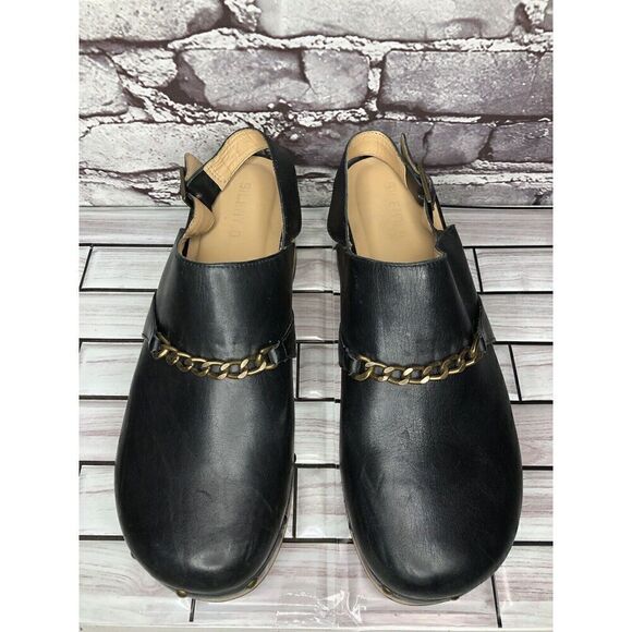 Silent D Georgia Clogs Mules Slingbacks Heeled Black Leather Wood Chain Women 41 - Picture 3 of 16